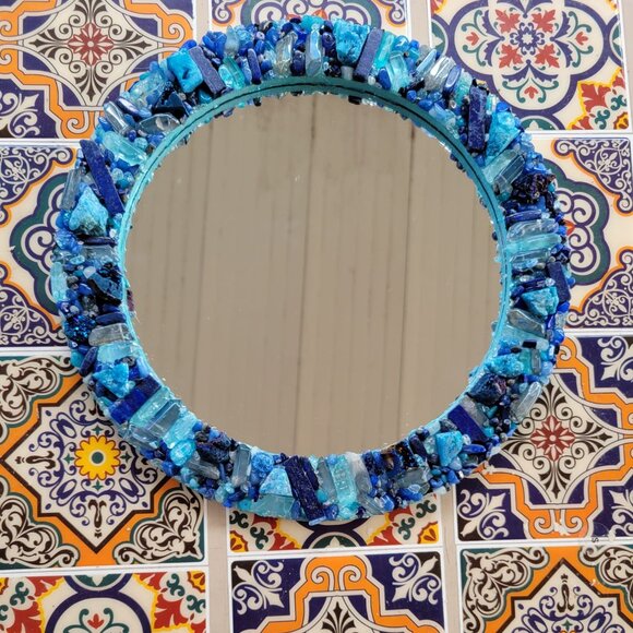 Mirror round with blue crystals - Picture 2 of 7